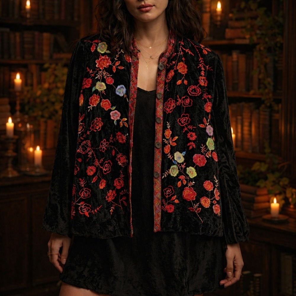 Vintage White‎ Stag Velour Embroidered Floral Jacket 90s Whimsigoth Boho